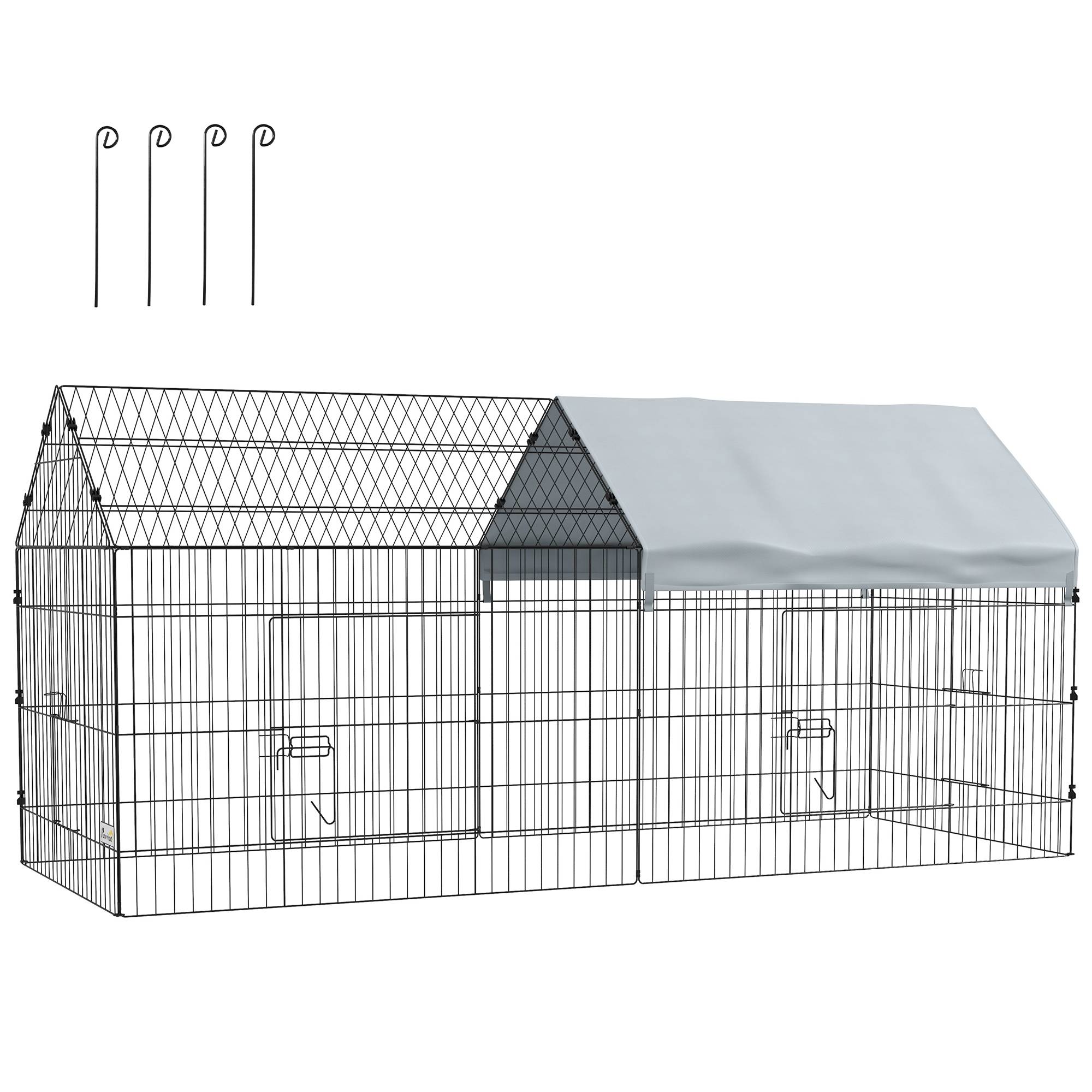 Cage intérieur/extérieur pour lapins avec maison et toit, 220x85x103 cm, argent - Image 1