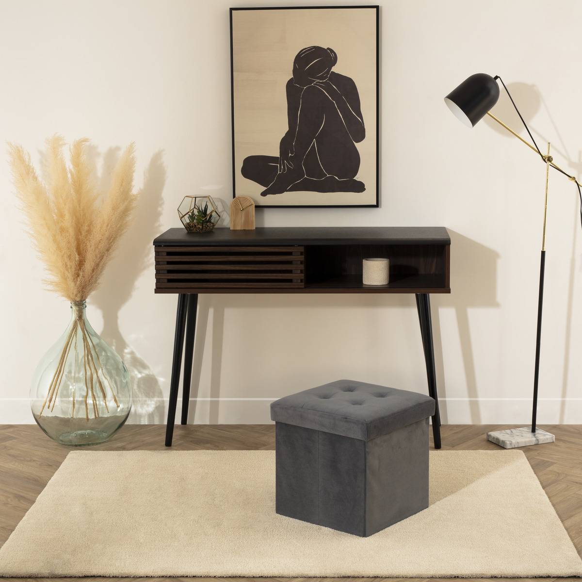Atmosphera - Pouf pliant "Lysandre" velours gris souris - Atmosphera Créateur d'intérieur - Imagen 1