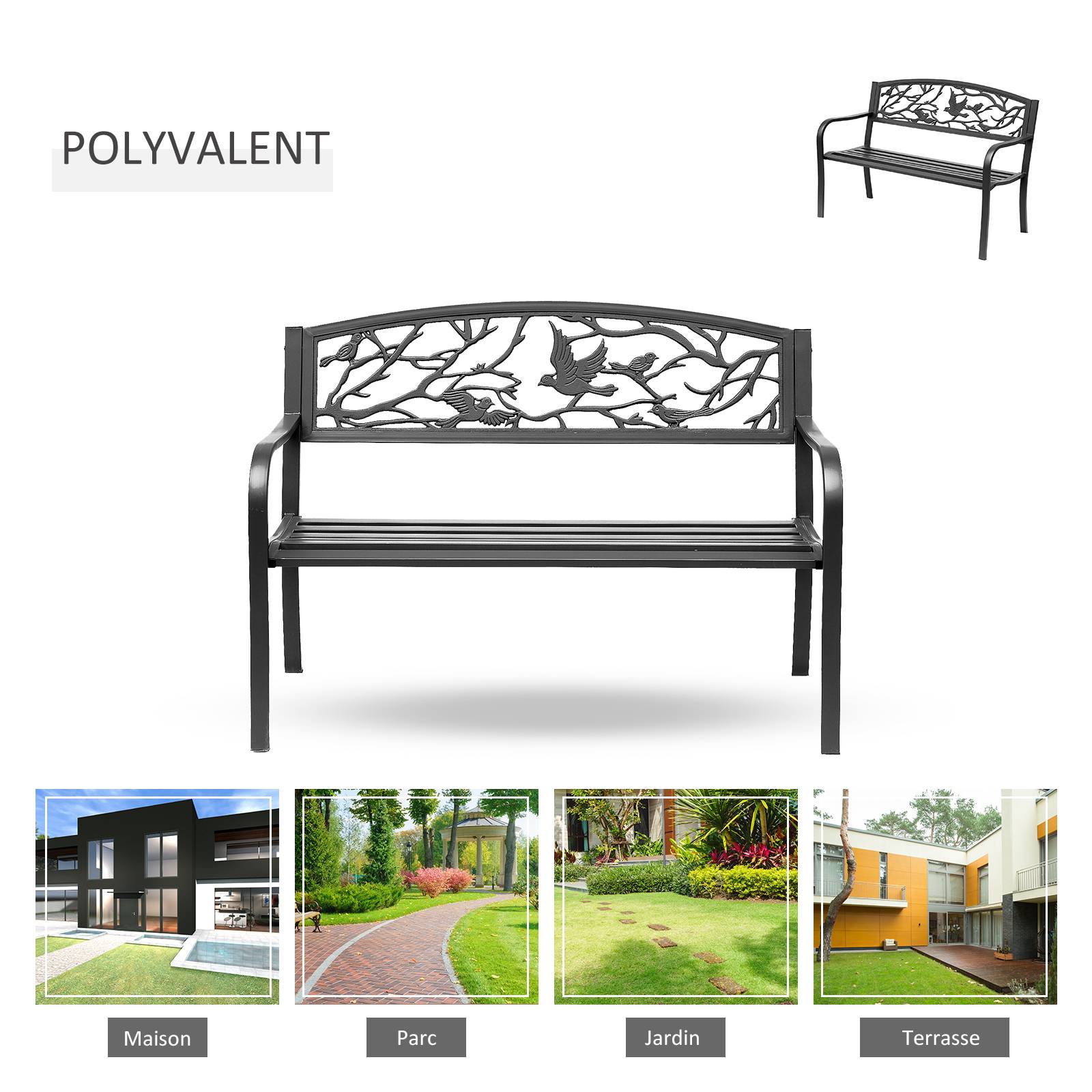 ComfortXL - Banc de jardin métal époxy pour terrasse et balcon assise à lattes 127cm noir - ComfortXL Outdoor Living - Image 8