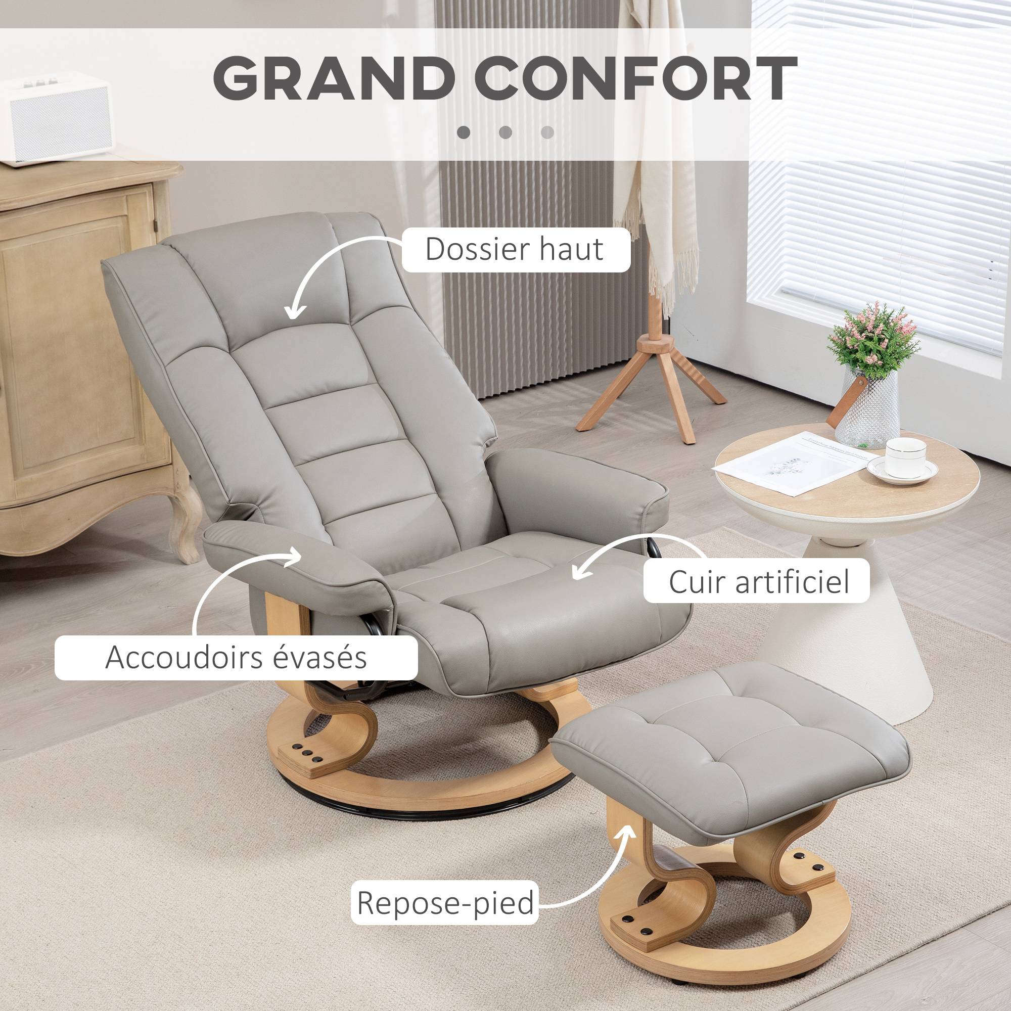 Fauteuil de relaxation inclinable avec repose-pied, pivotant, cadre en bois , revêtement synthétique gris - Image 9