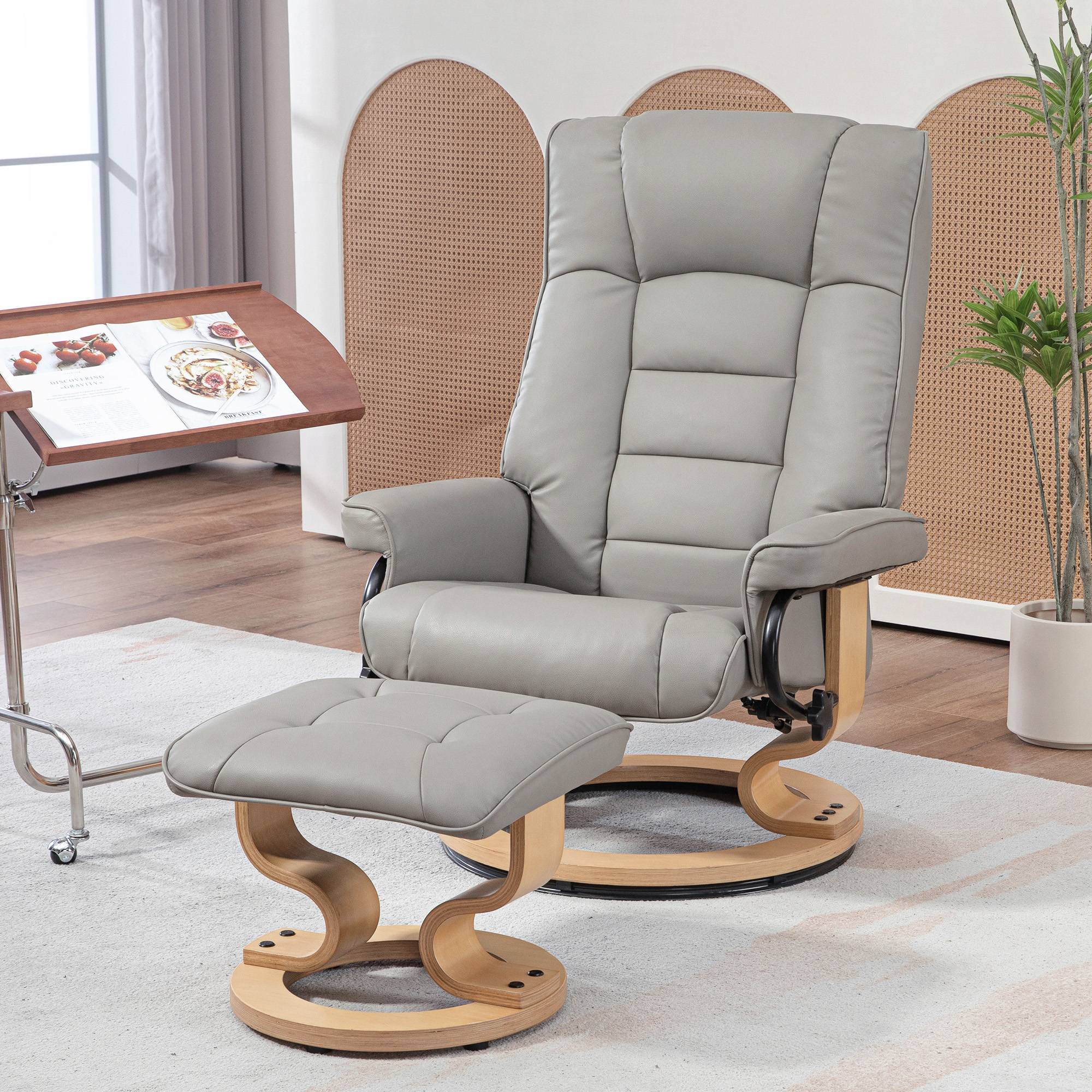 Fauteuil de relaxation inclinable avec repose-pied, pivotant, cadre en bois , revêtement synthétique gris - Image 4