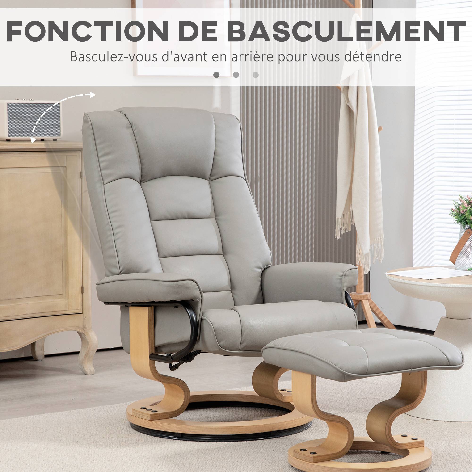 Fauteuil de relaxation inclinable avec repose-pied, pivotant, cadre en bois , revêtement synthétique gris - Image 8