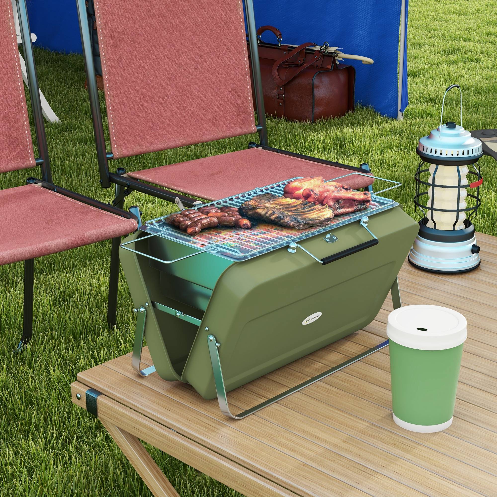 Outsunny - Mini barbecue à charbon portable pliable dim. 47L x 30l x 28H cm vert - Outsunny - Image 2