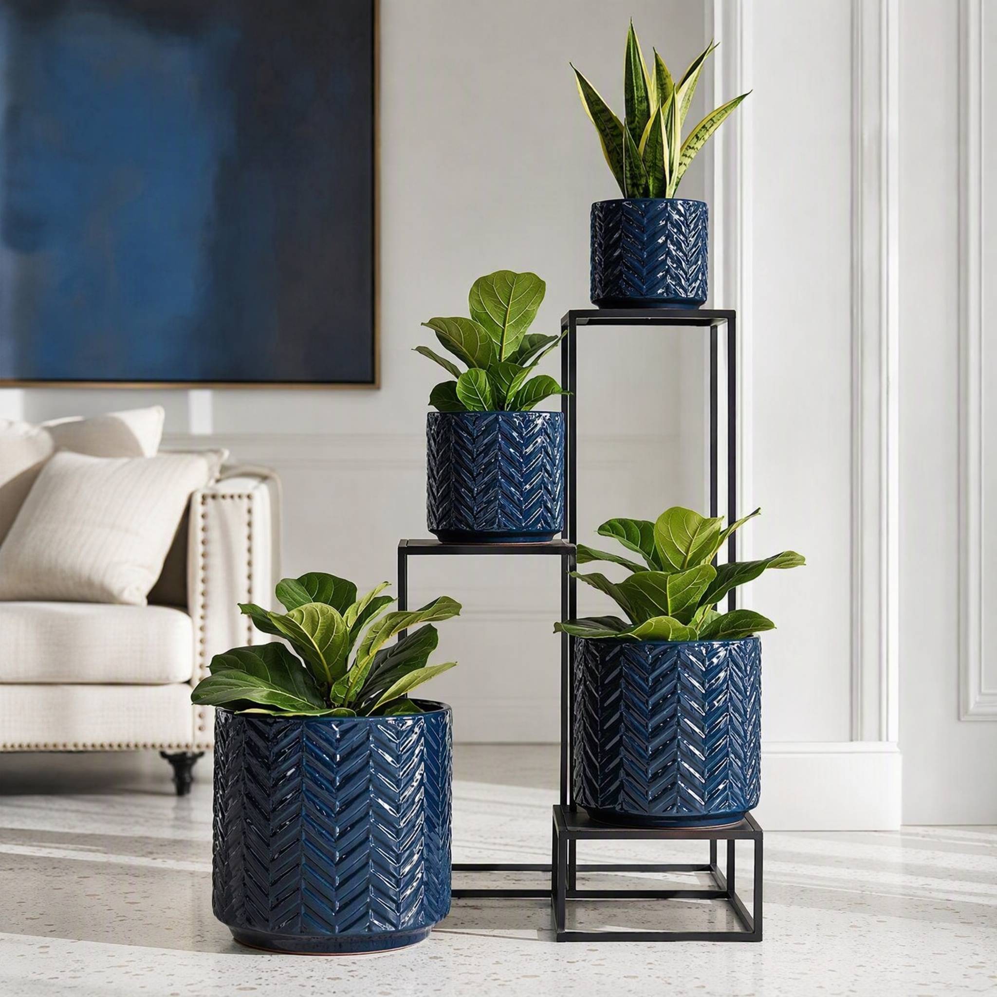 ComfortXL - Pot de fleurs en céramique bleu marine brillant Ø19 cm intérieur balcon jardin avec trou de drainage - Image 8