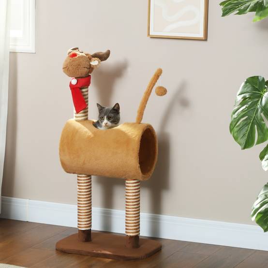 Arbre à chat de 98 cm, motif cerf, avec grotte, balle et poteaux en jute marron - Image 2