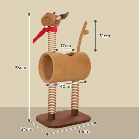 Arbre à chat de 98 cm, motif cerf, avec grotte, balle et poteaux en jute marron - Image 3