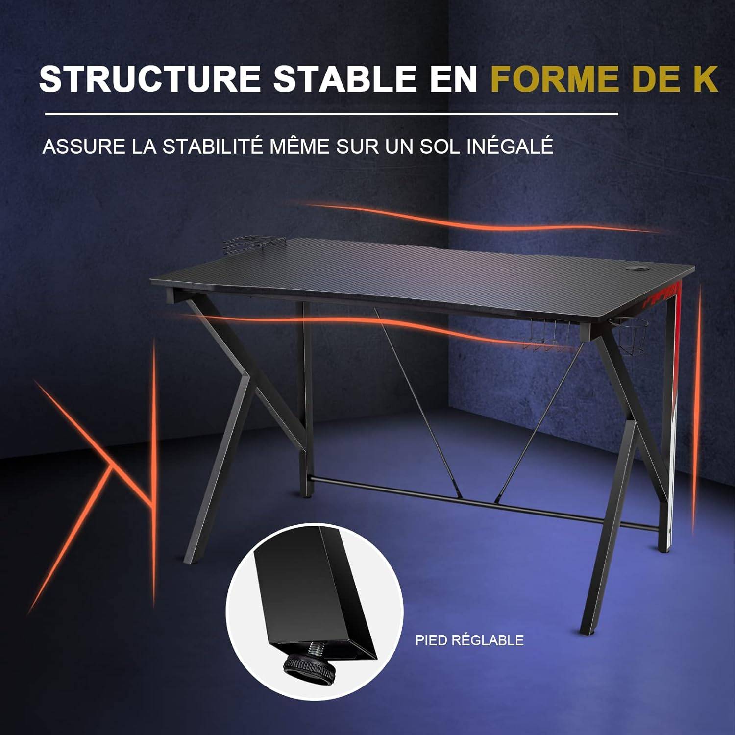 bureau gamer bureau de jeu pour gaming avec stockage vidéo, porte-gobelet - Image 8