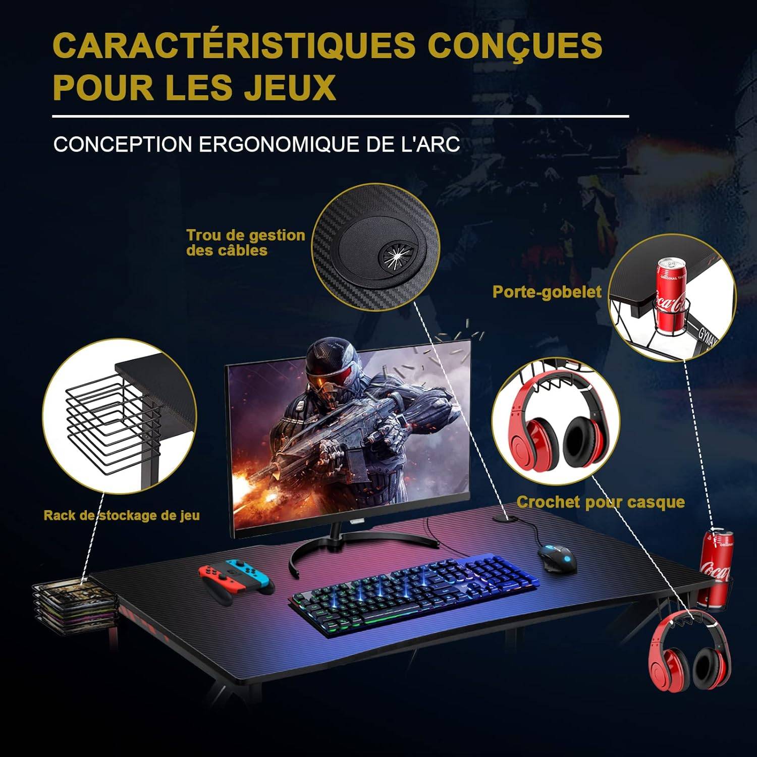 bureau gamer bureau de jeu pour gaming avec stockage vidéo, porte-gobelet - Image 9