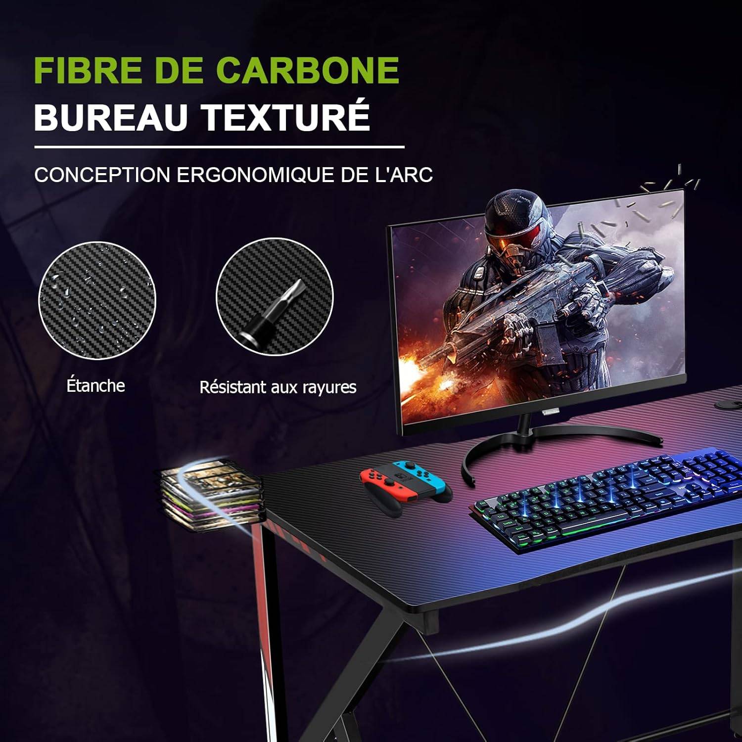 bureau gamer bureau de jeu pour gaming avec stockage vidéo, porte-gobelet - Image 10