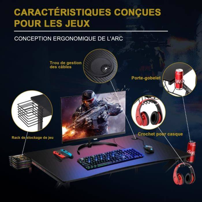 bureau gamer bureau de jeu pour gaming avec stockage vidéo, porte-gobelet - Image 2