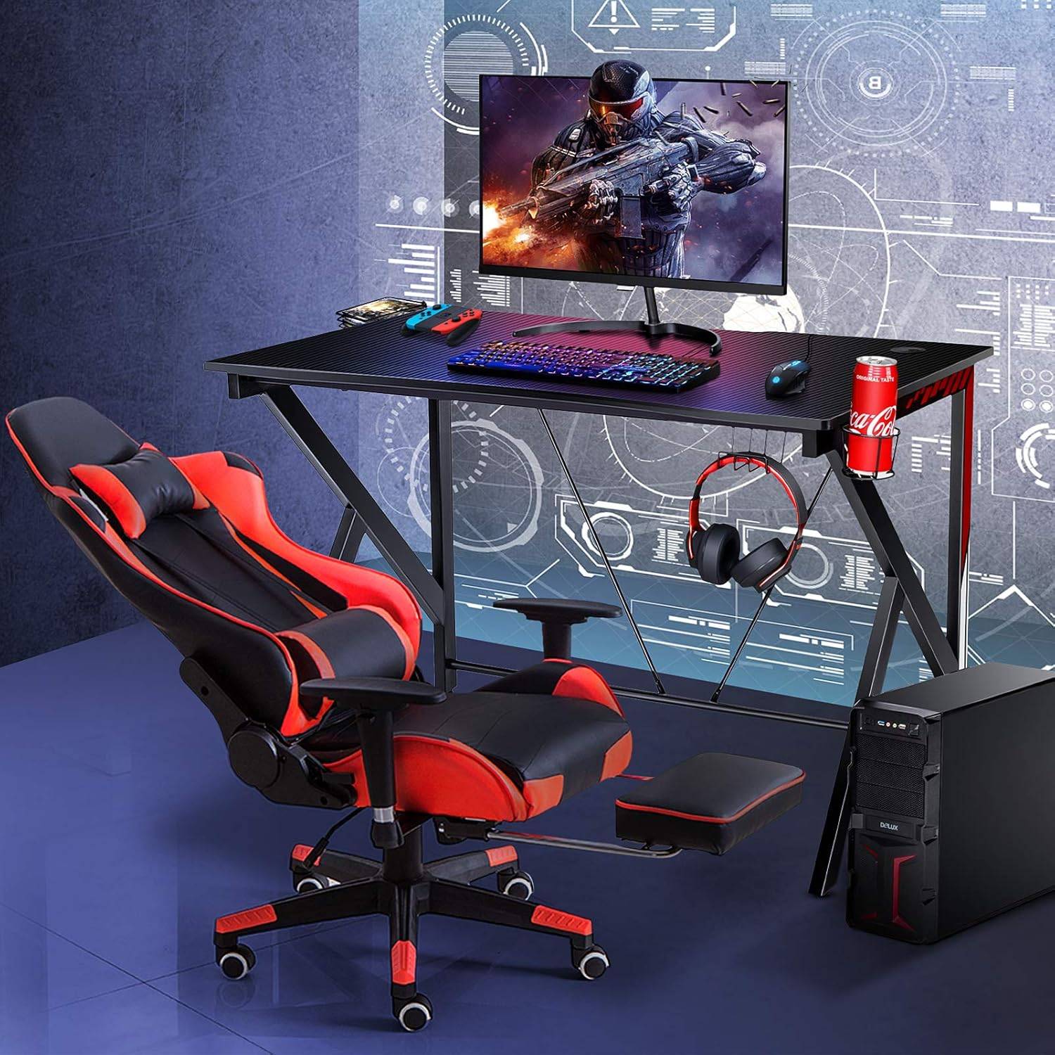 bureau gamer bureau de jeu pour gaming avec stockage vidéo, porte-gobelet - Image 6