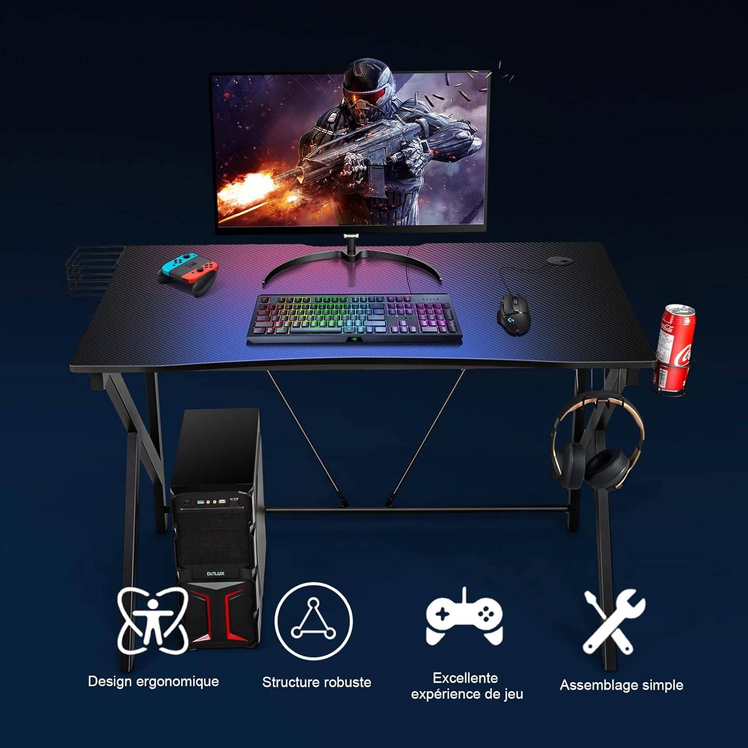 bureau gamer bureau de jeu pour gaming avec stockage vidéo, porte-gobelet - Image 7