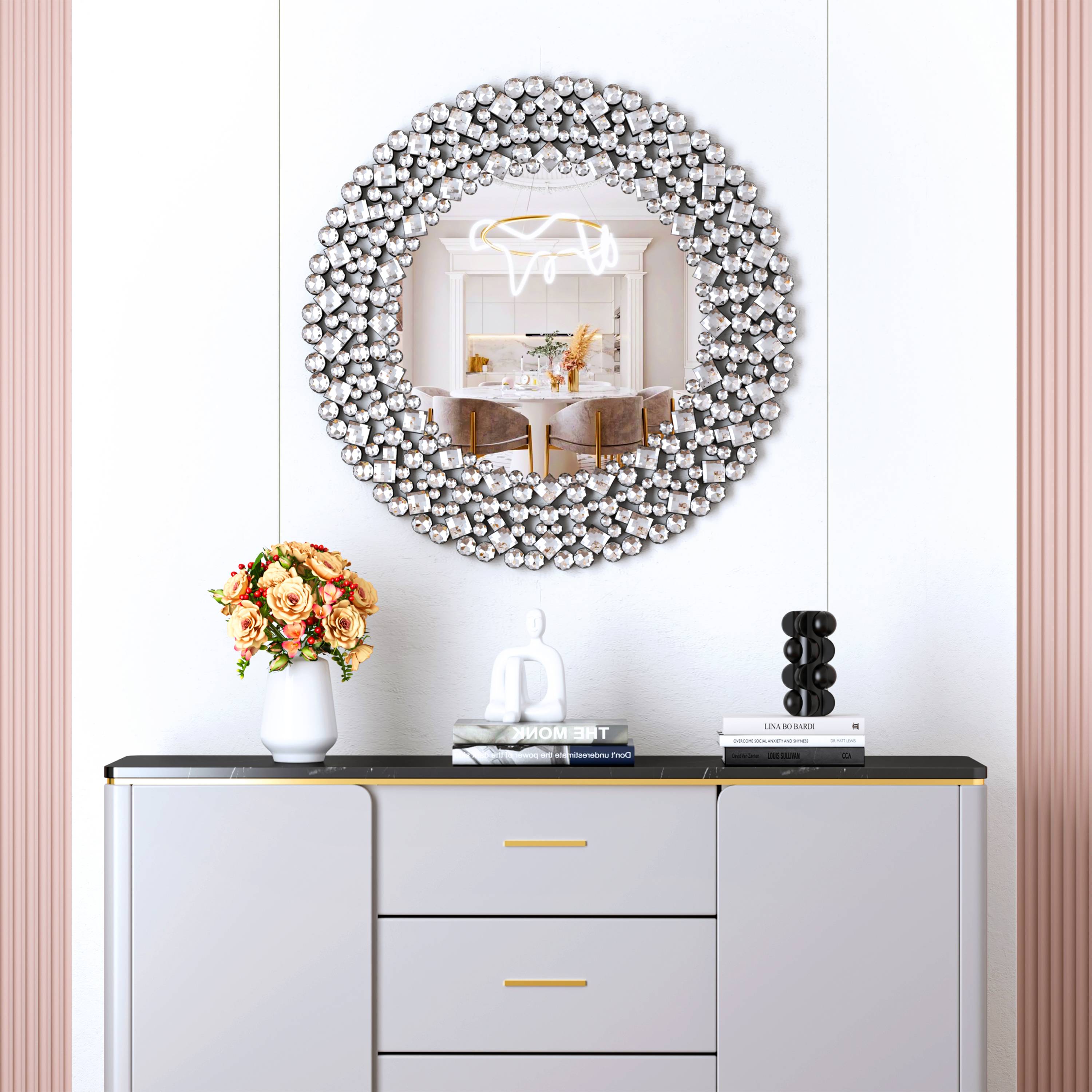 ComfortXL - Miroir Mural Rond Eclat Diamant Design Moderne Salon 86cm Argent - ComfortXL Outdoor Living - Image 2