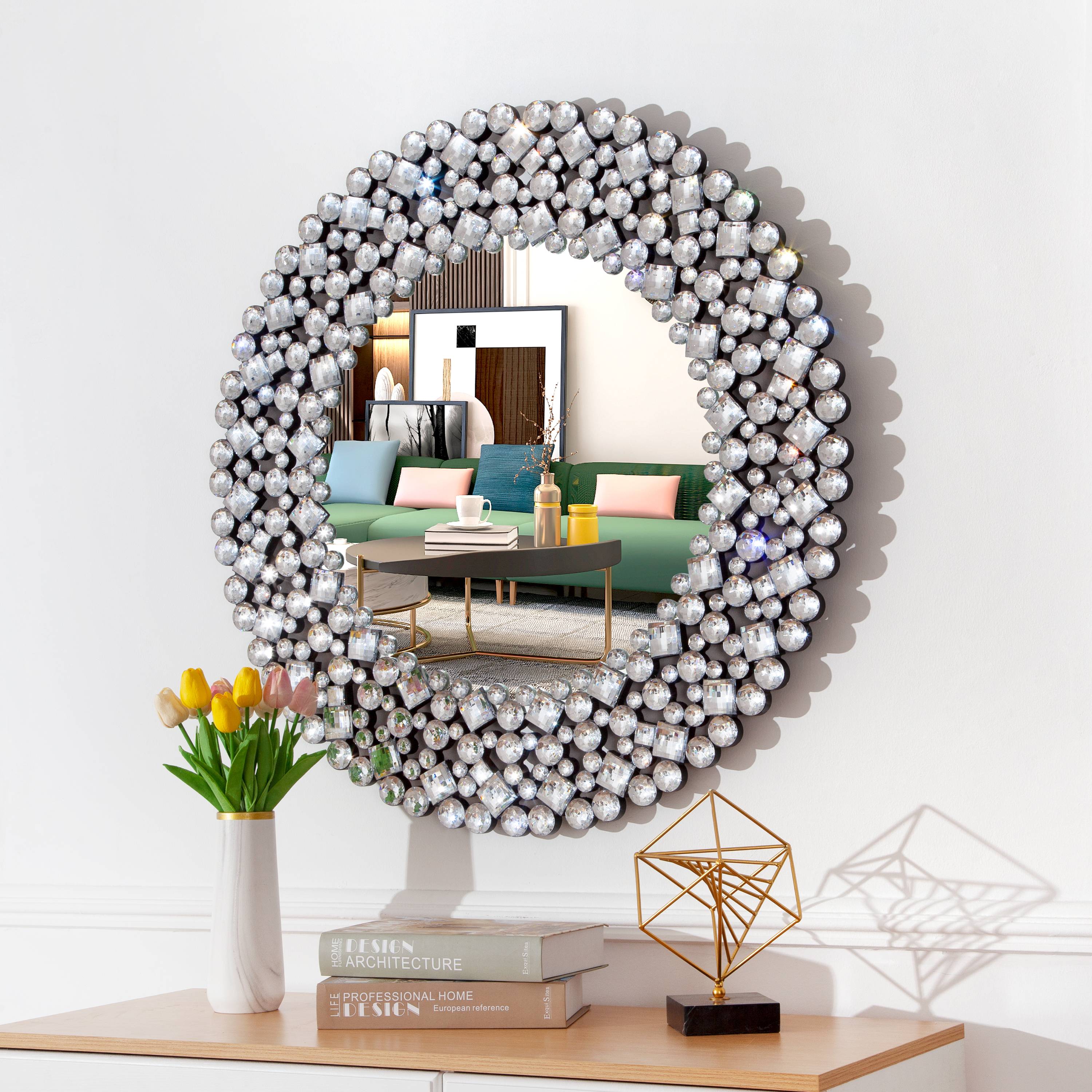 ComfortXL - Miroir Mural Rond Eclat Diamant Design Moderne Salon 86cm Argent - ComfortXL Outdoor Living - Image 1