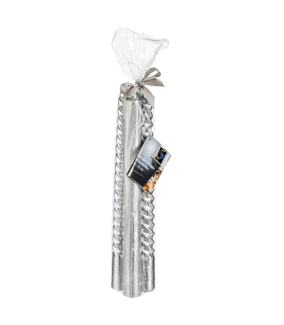 Lot de 4 Bougies Bâtons pailleté et twisté Argent H 25 cm - Image 2