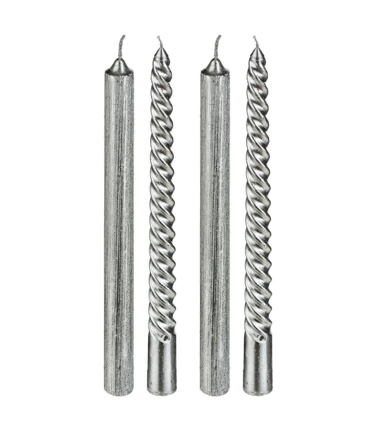 Lot de 4 Bougies Bâtons pailleté et twisté Argent H 25 cm - Image 1