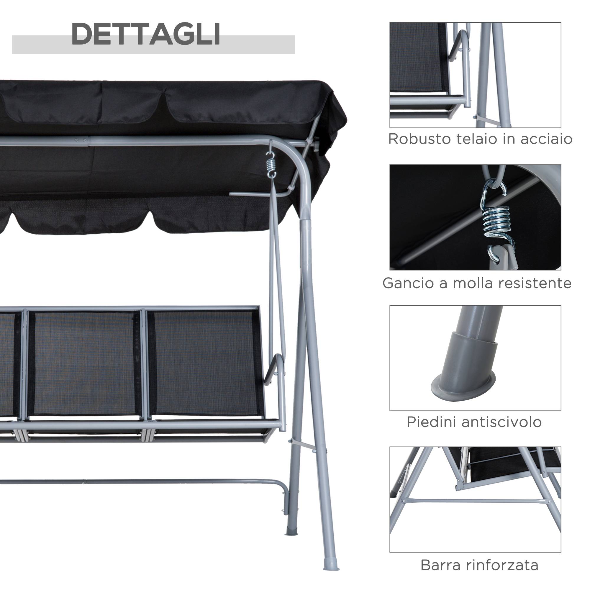 Balancelle de jardin métal 3 places terrasse toit pare-soleil réglable noir 171x108x154cm - ComfortXL Outdoor Living - Image 8