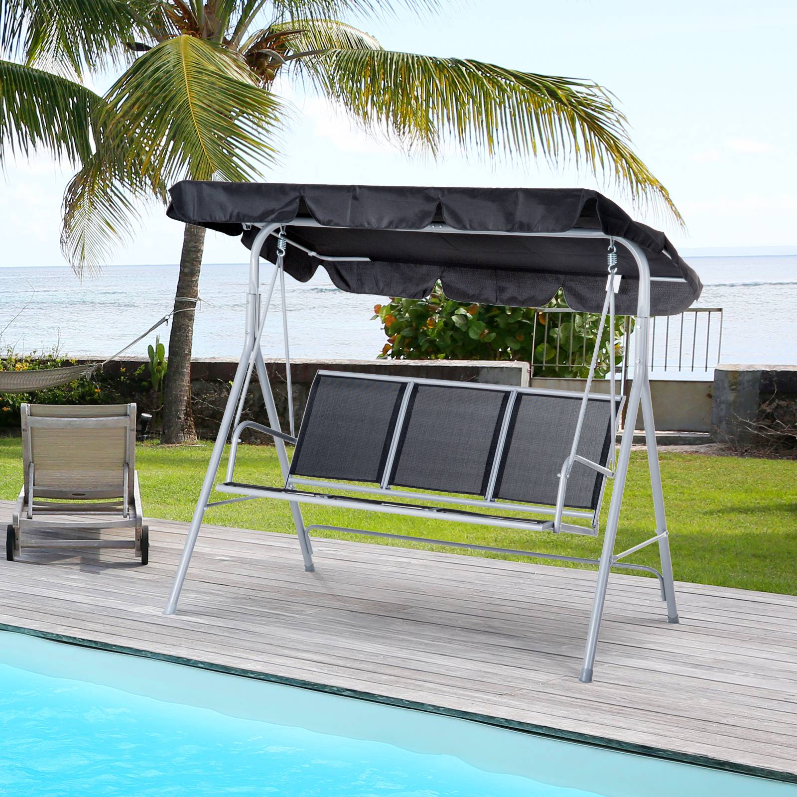 Balancelle de jardin métal 3 places terrasse toit pare-soleil réglable noir 171x108x154cm - ComfortXL Outdoor Living - Image 3