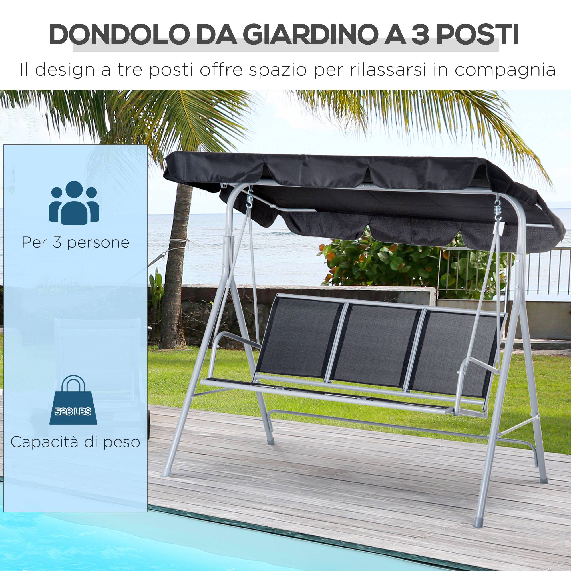 Balancelle de jardin métal 3 places terrasse toit pare-soleil réglable noir 171x108x154cm - ComfortXL Outdoor Living - Image 9