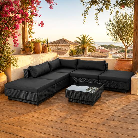 Salon de jardin 5 places modulable en résine tressée noir AMORGOS - Image 2