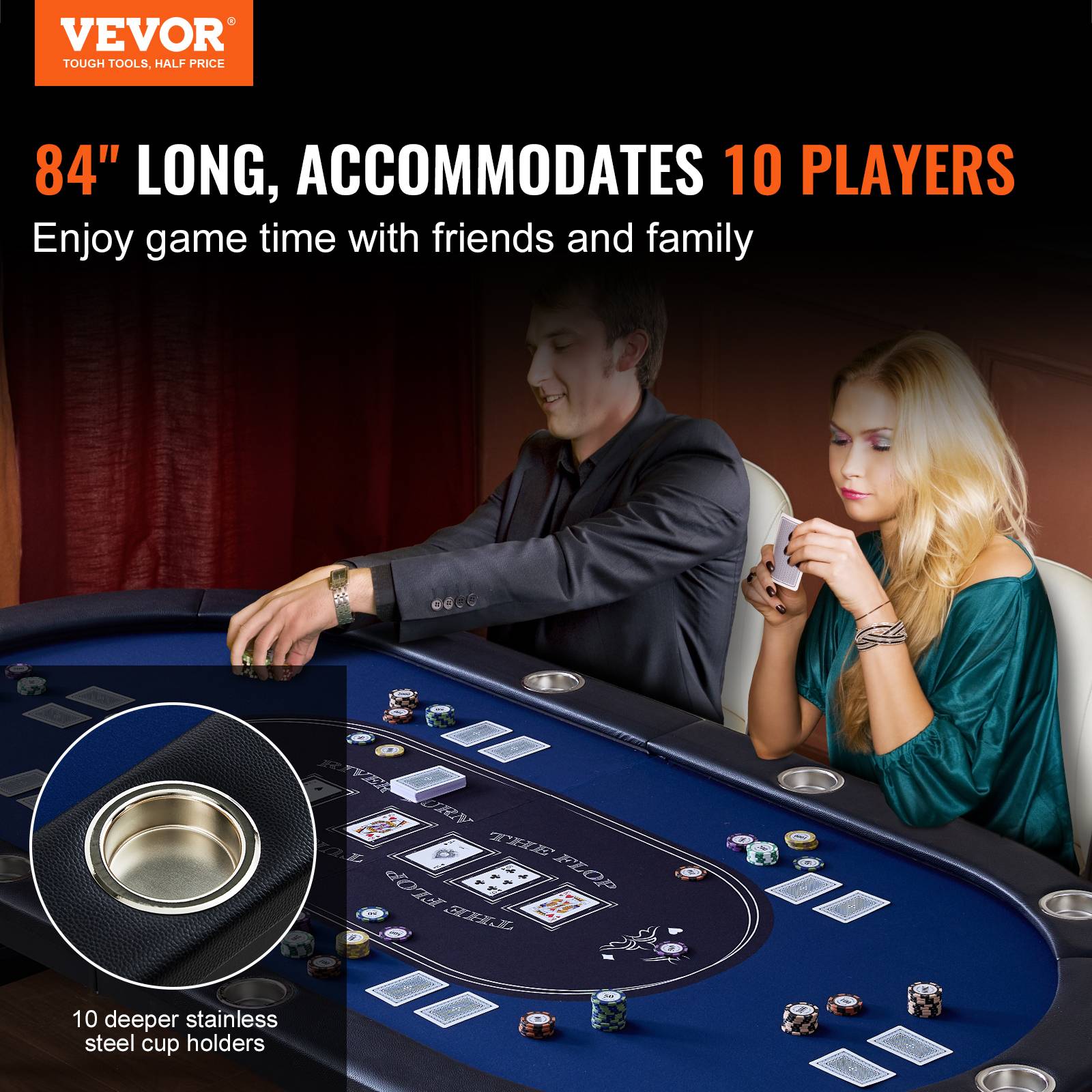 VEVOR Table poker pliable 214 cm, 10 joueurs. Rails rembourrés, porte-gobelets. - Image 2
