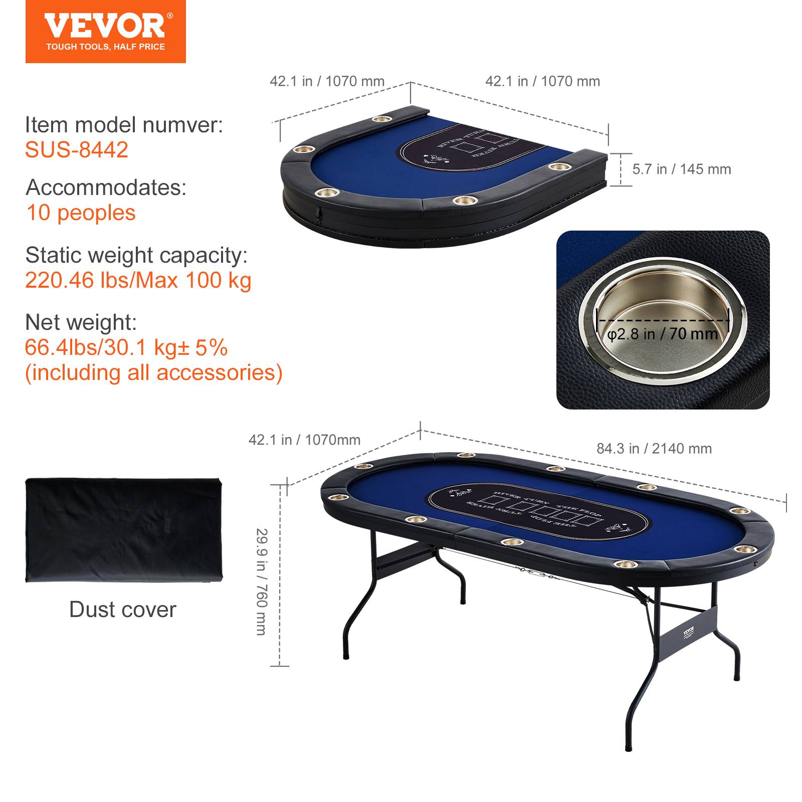VEVOR Table poker pliable 214 cm, 10 joueurs. Rails rembourrés, porte-gobelets. - Image 7