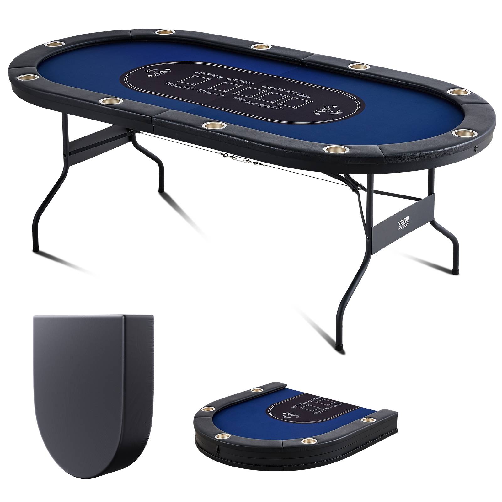 VEVOR Table poker pliable 214 cm, 10 joueurs. Rails rembourrés, porte-gobelets.