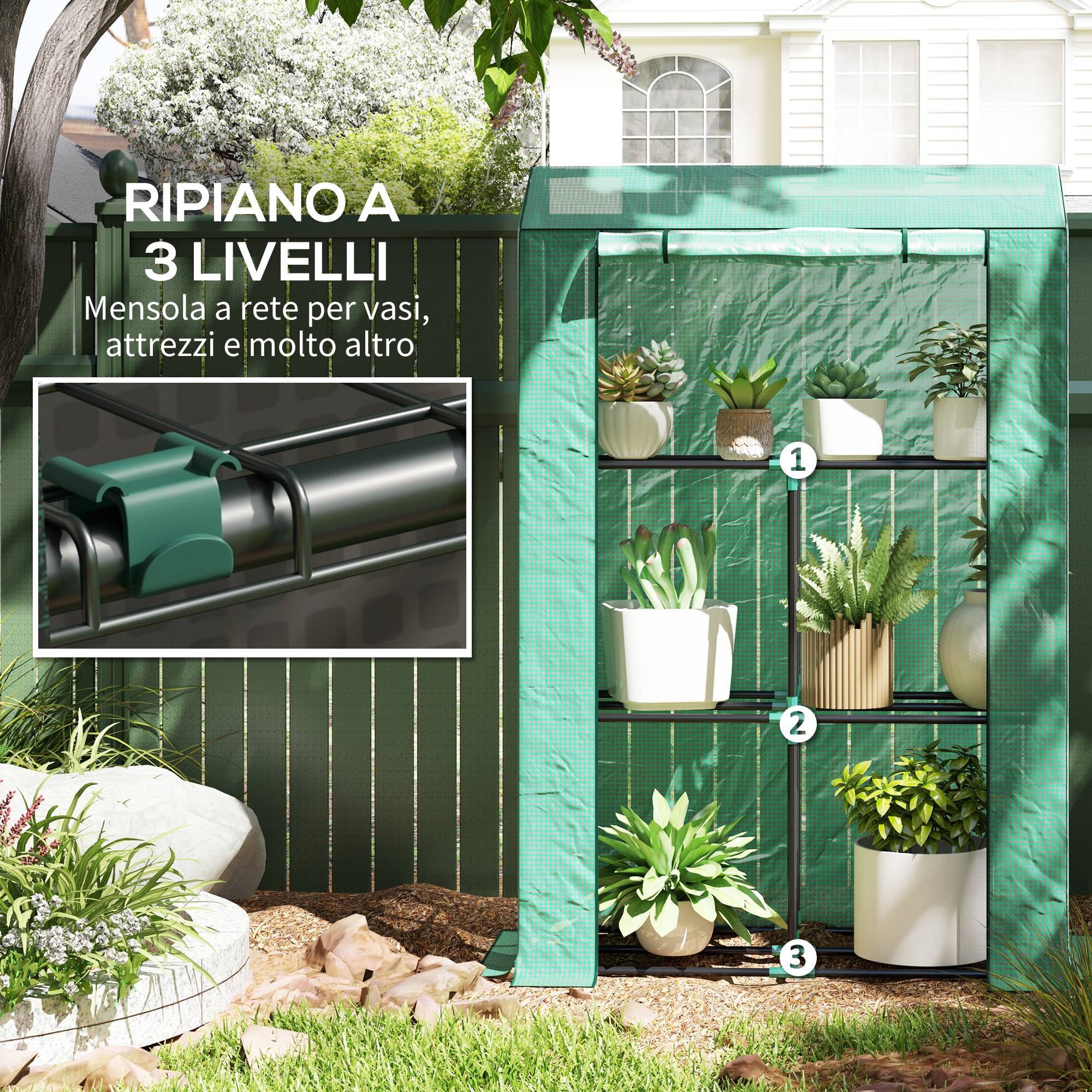 Serre jardin 3 niveaux, couverture PE anti-UV et porte enroulable, 100x40x150 cm, verte - Image 7