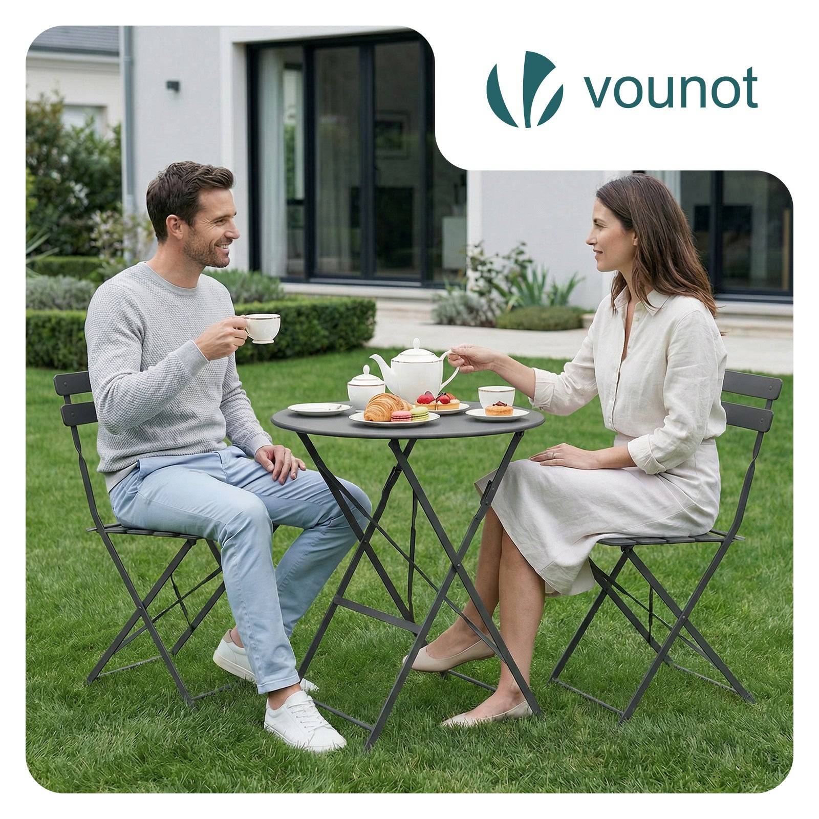 Ensemble de Bistrot pliant en métal 3 pièces avec 1 table et 2 chaises gris - VOUNOT® - Image 2