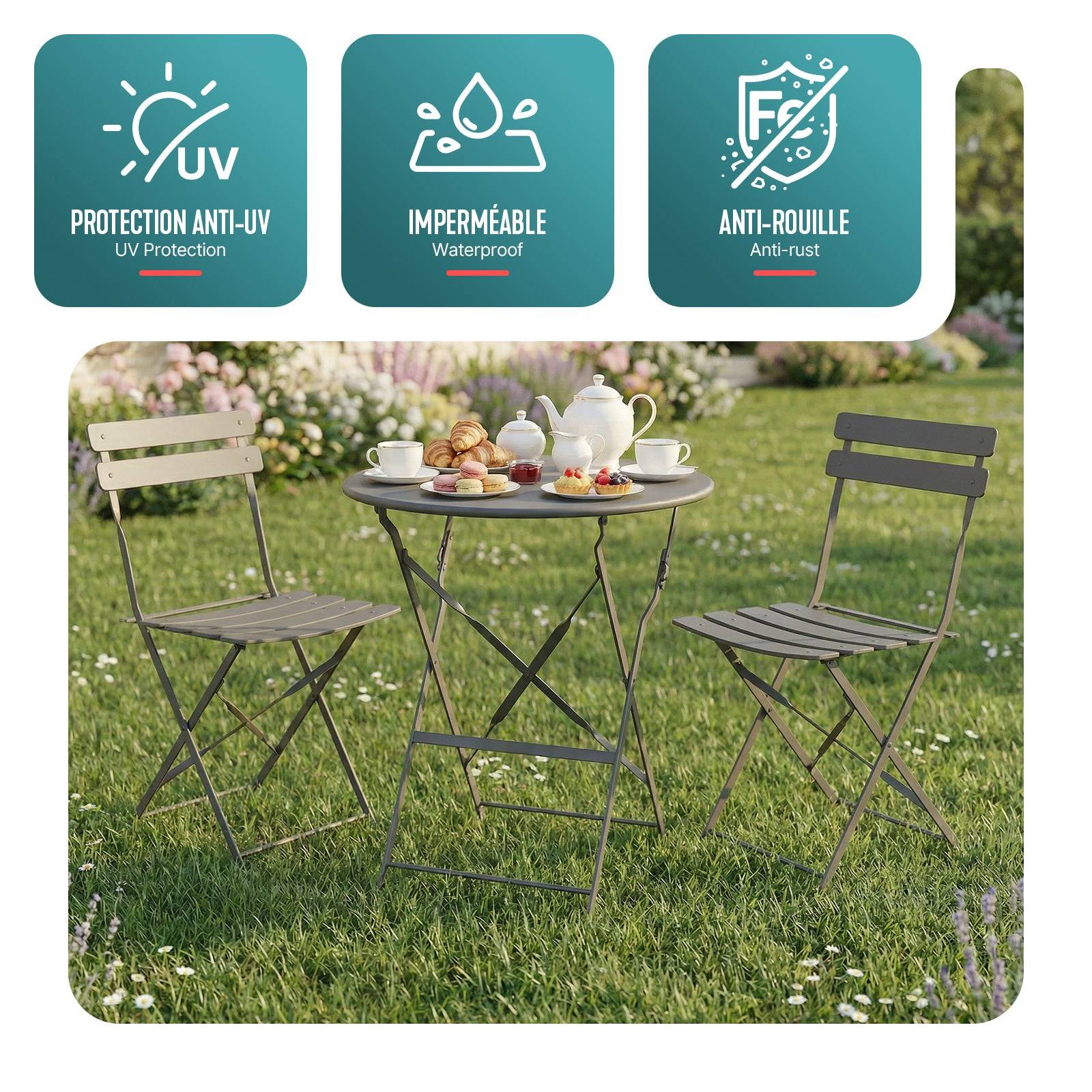 Ensemble de Bistrot pliant en métal 3 pièces avec 1 table et 2 chaises gris - VOUNOT® - Image 4