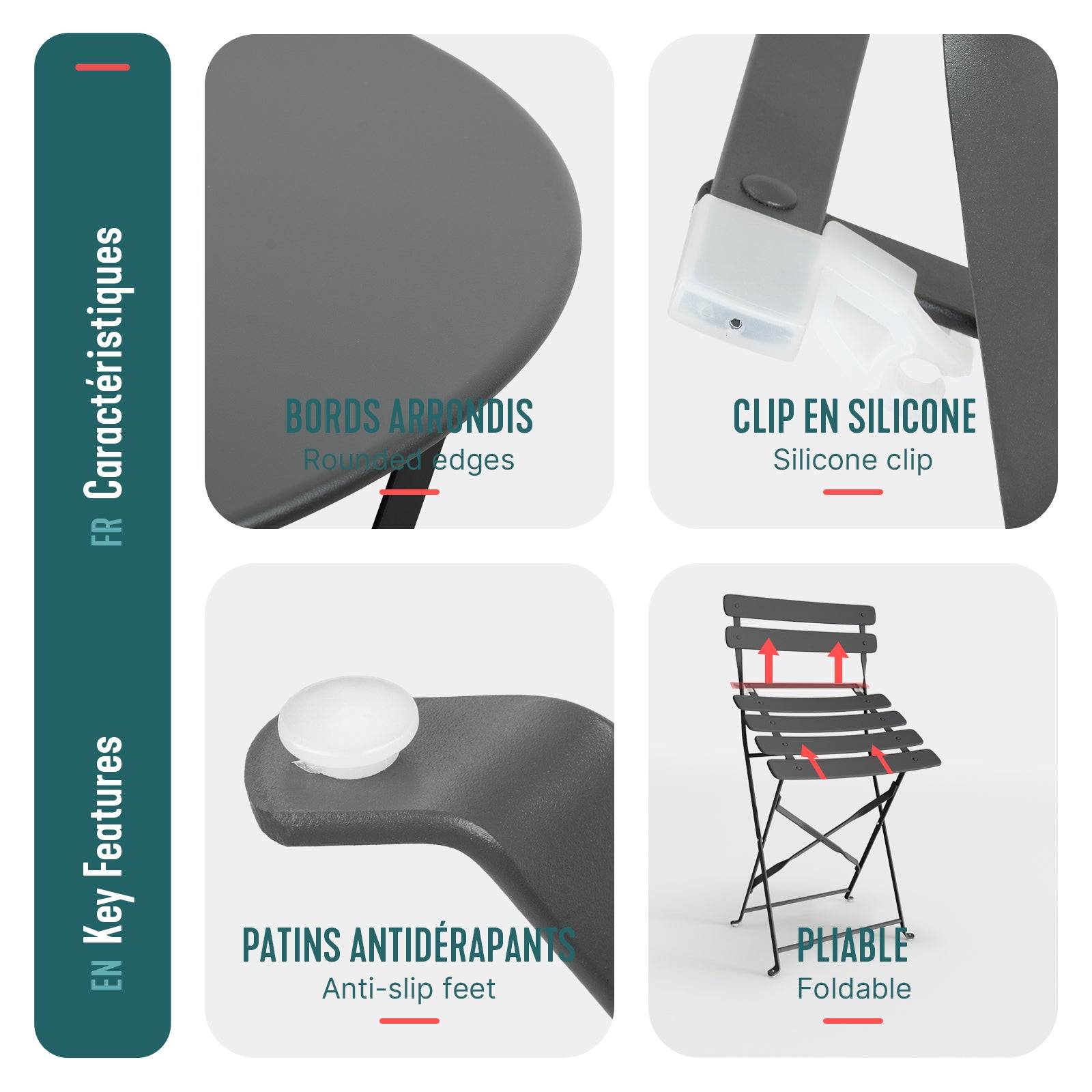 Ensemble de Bistrot pliant en métal 3 pièces avec 1 table et 2 chaises gris - VOUNOT® - Image 5