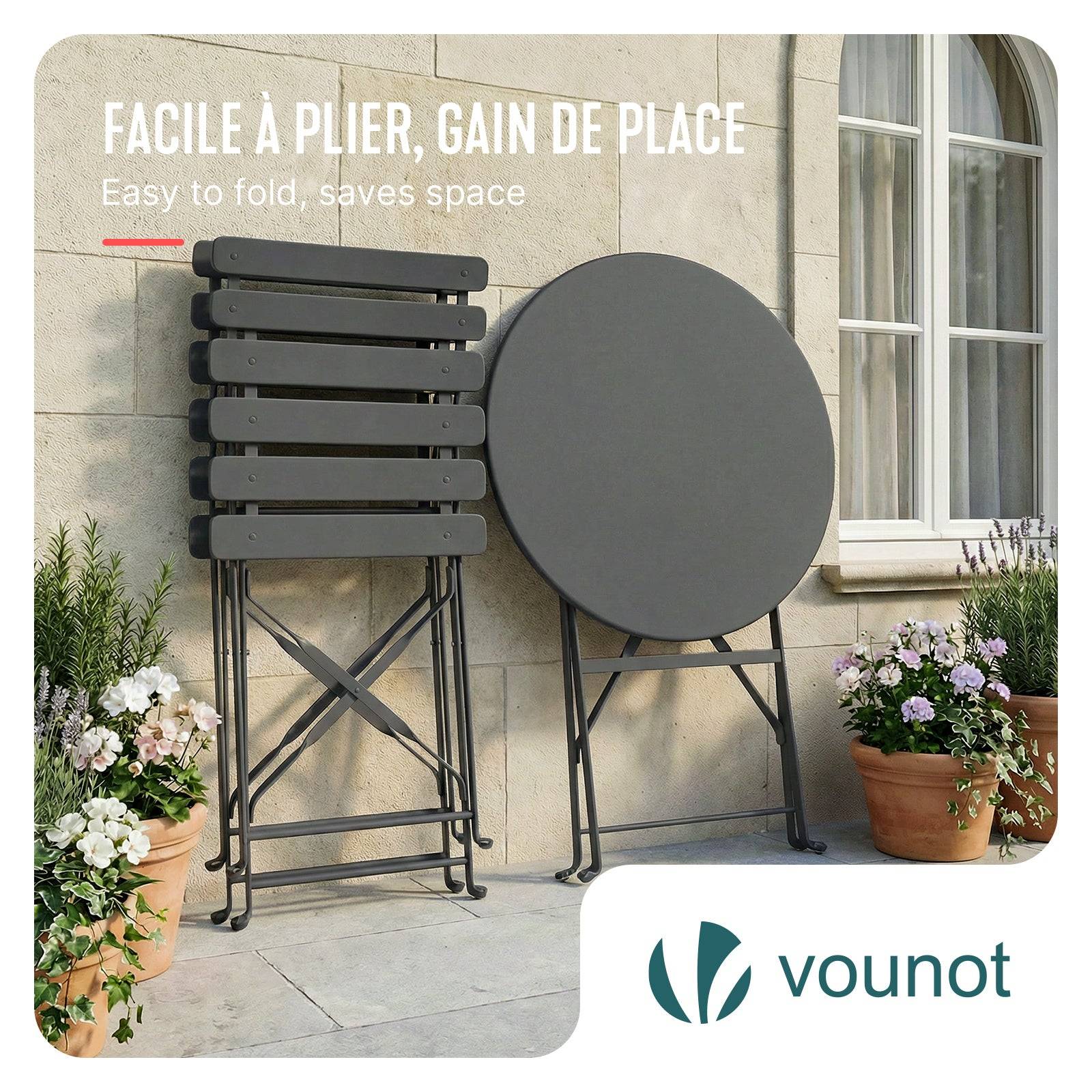 Ensemble de Bistrot pliant en métal 3 pièces avec 1 table et 2 chaises gris - VOUNOT® - Image 7