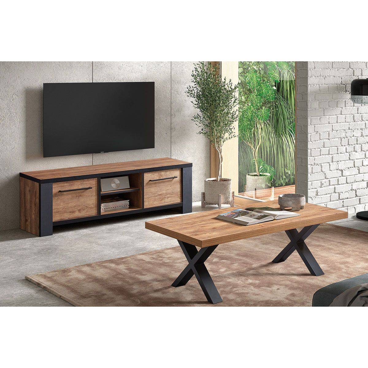 Ensemble Salon Meuble TV et Table Basse Aspect Bois Piètement X Métal Noir - ETIENNE - Image 1