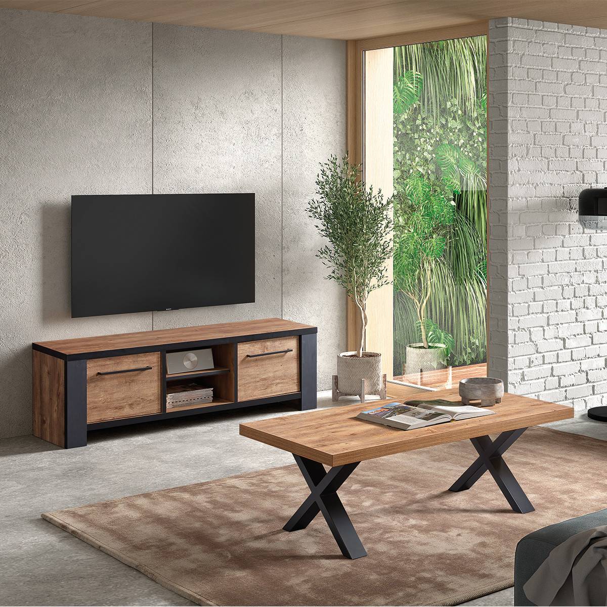 Ensemble Salon Meuble TV et Table Basse Aspect Bois Piètement X Métal Noir - ETIENNE - Image 2