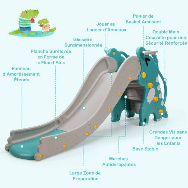 Helloshop26 - Toboggan à motif dinosaure 4 en 1 pour bébé avec jeu de lancer d'anneaux de basket-ball pente de glissement extra longue vert + gris - Imagen 3