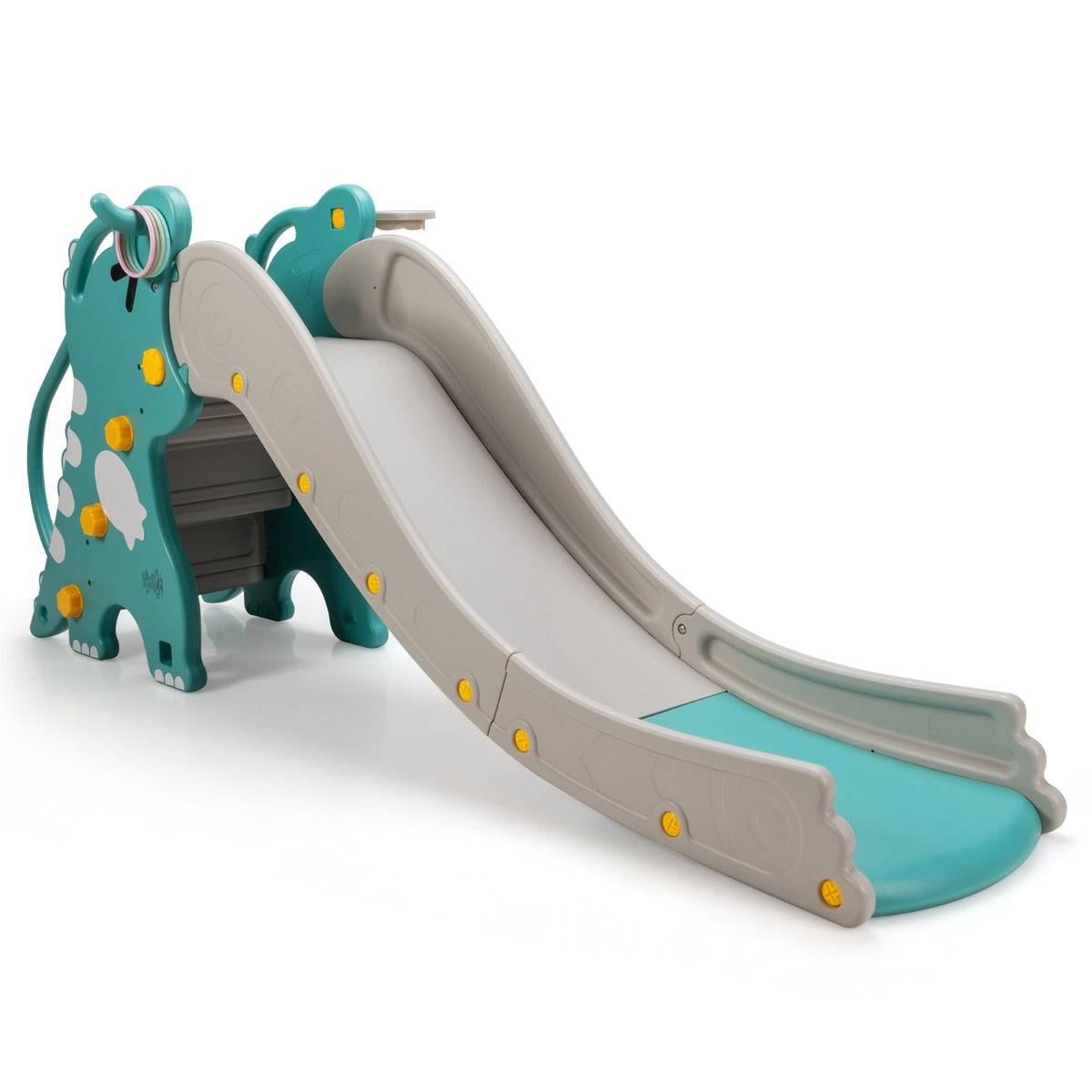 Helloshop26 - Toboggan à motif dinosaure 4 en 1 pour bébé avec jeu de lancer d'anneaux de basket-ball pente de glissement extra longue vert + gris - Imagen 1