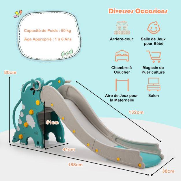 Helloshop26 - Toboggan à motif dinosaure 4 en 1 pour bébé avec jeu de lancer d'anneaux de basket-ball pente de glissement extra longue vert + gris - Imagen 4