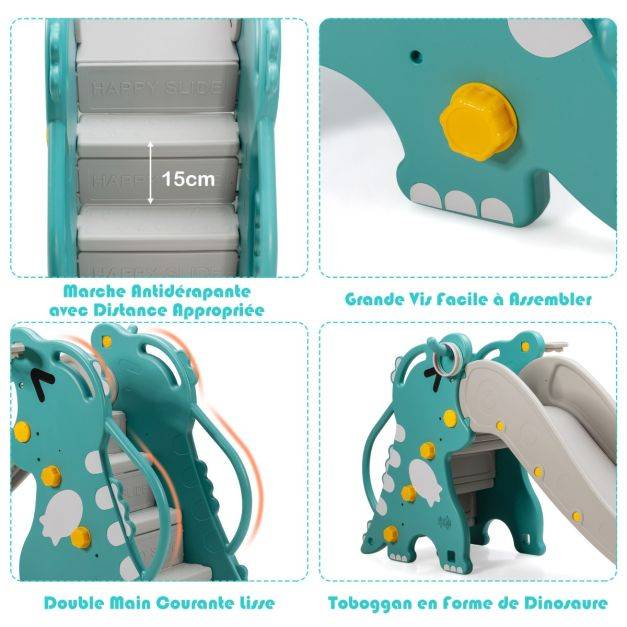 Helloshop26 - Toboggan à motif dinosaure 4 en 1 pour bébé avec jeu de lancer d'anneaux de basket-ball pente de glissement extra longue vert + gris - Imagen 2
