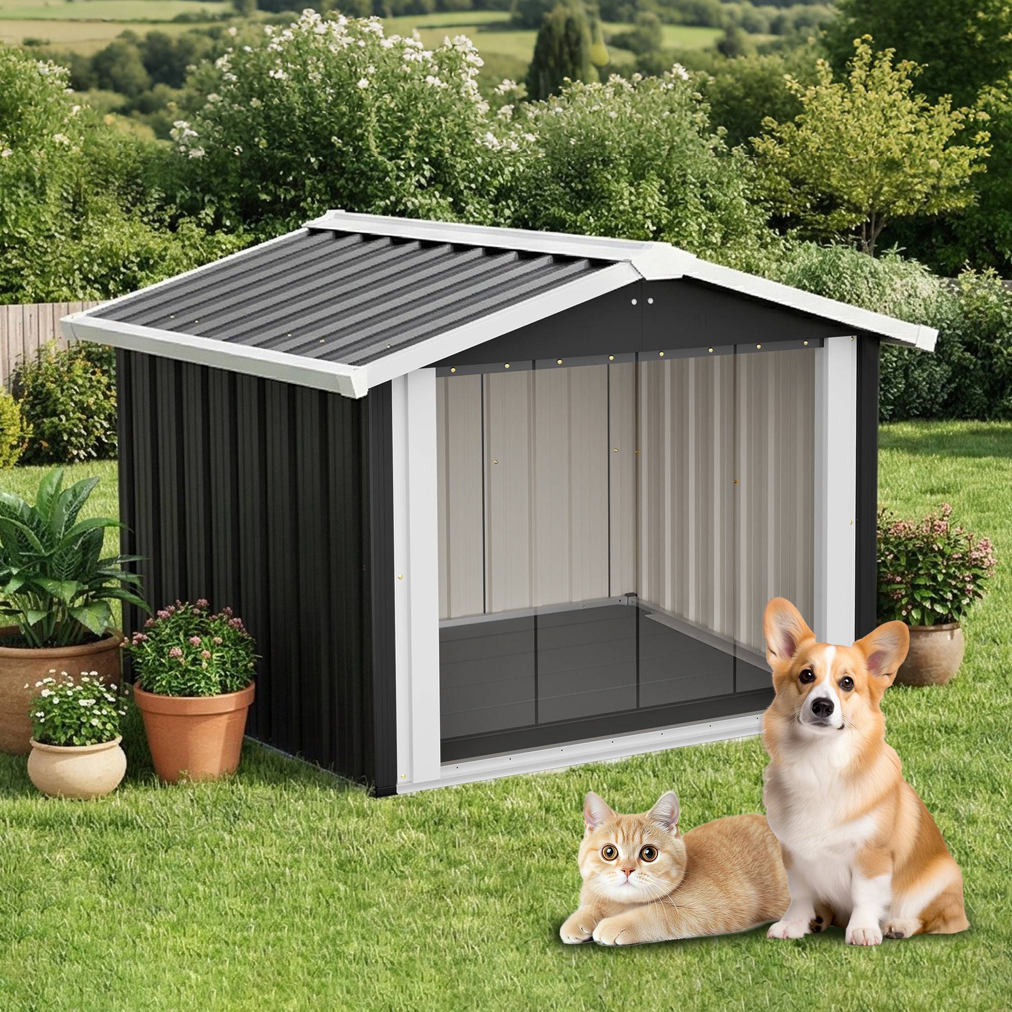 Niche pour chien Métal Extérieur grand chien Toit incliné étanche 102x91x84cm Gris - ComfortXL Outdoor Living