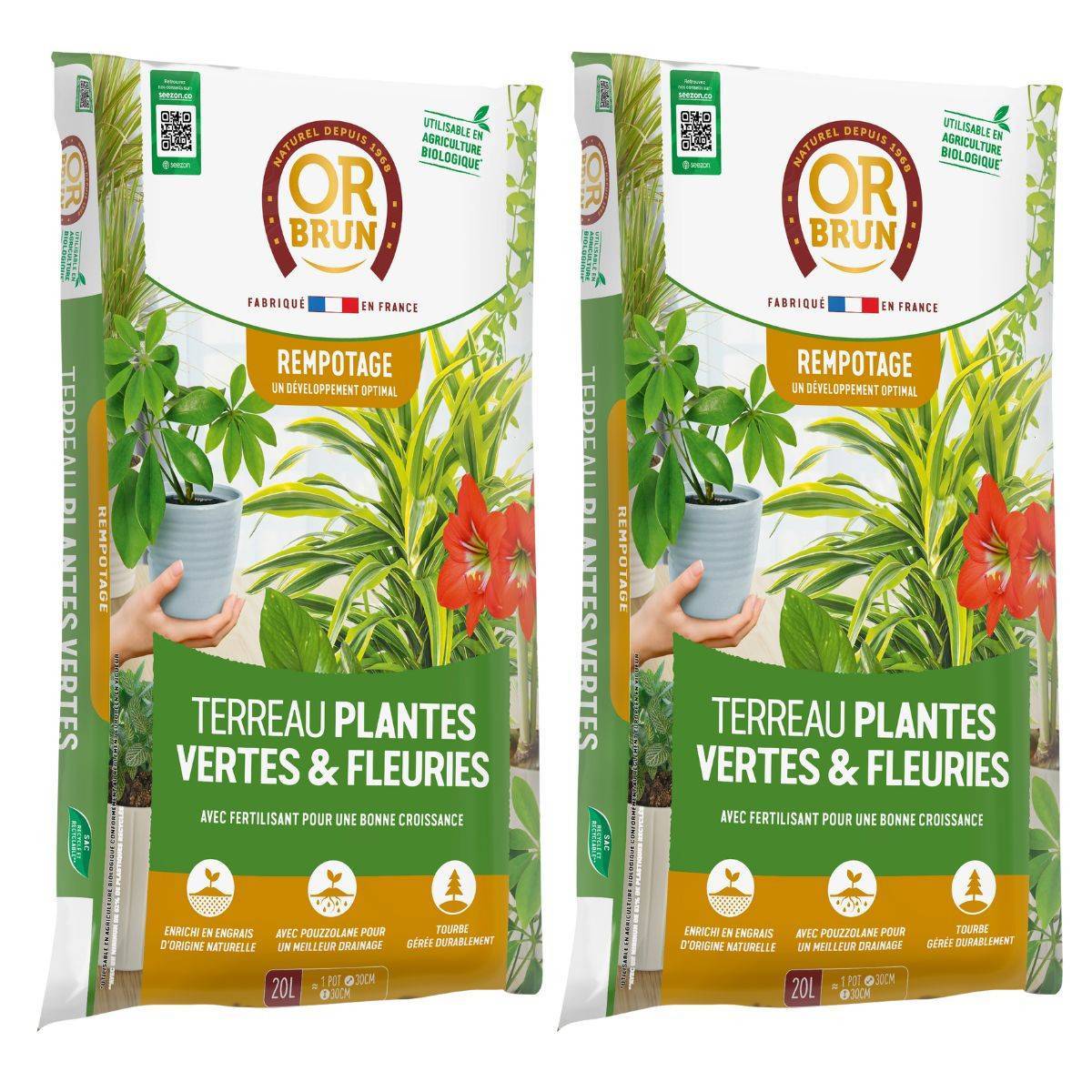 Lot de 2 Terreaux Or Brun 20L - Substrat pour Plantes Vertes & Fleuries