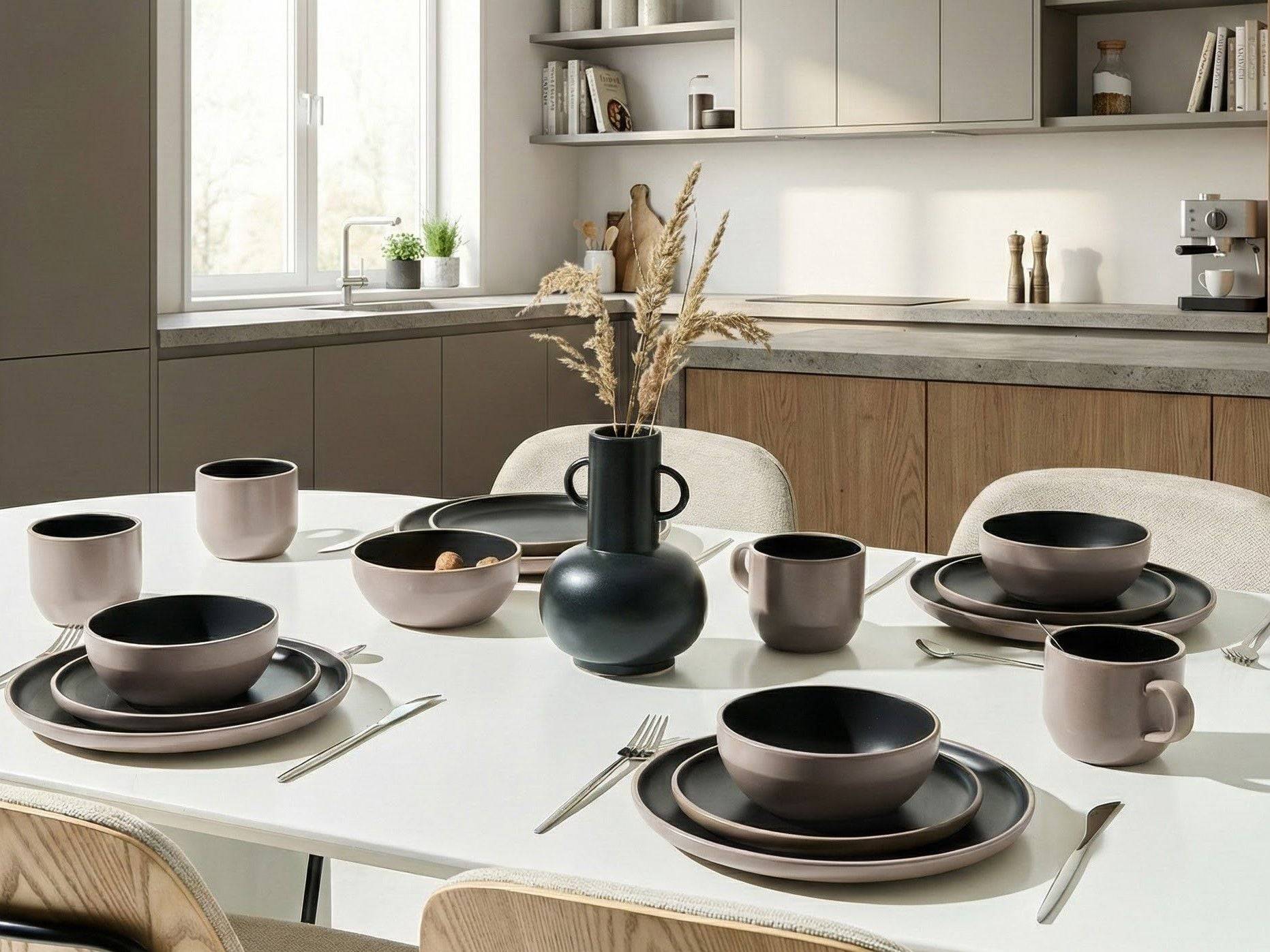 Beliani - Service de table Grès Noir/beige NUTMEG - 24x24x3- Beliani - Image 1