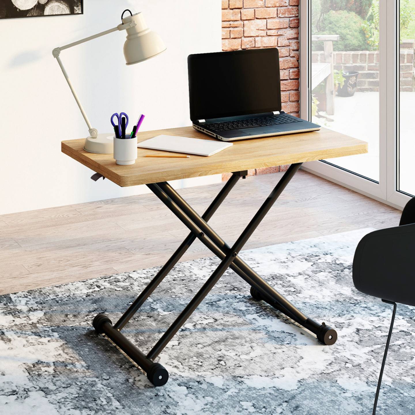 Table basse 2 en 1 relevable en table à manger rectangulaire URBANA 100 cm bois et noir design industriel - Image 7