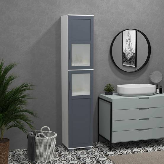 Armoire salle de bain avec portes en verre trempé et étagères réglables, meuble rangement grande capacité blanc gris 37x35x190 cm - Image 4