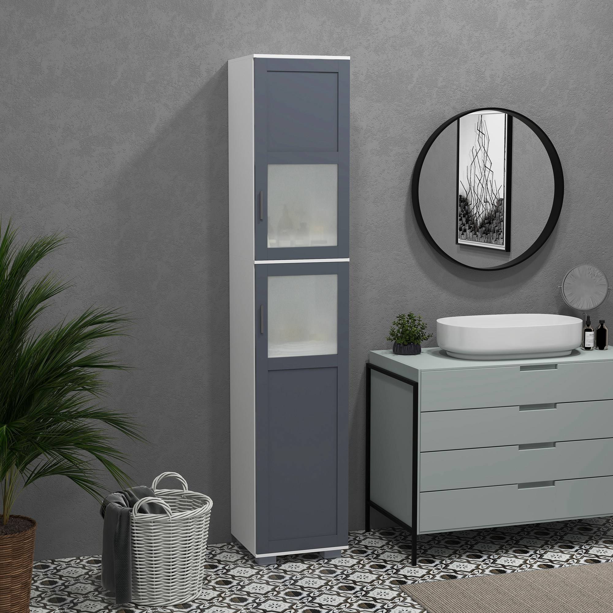 Armoire salle de bain avec portes en verre trempé et étagères réglables, meuble rangement grande capacité blanc gris 37x35x190 cm - Image 4
