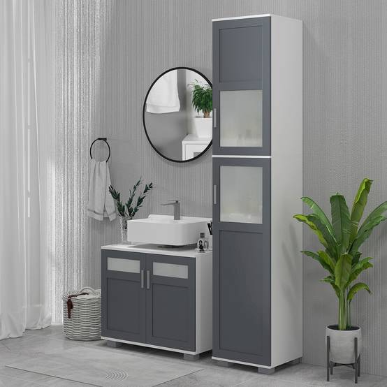 Armoire salle de bain avec portes en verre trempé et étagères réglables, meuble rangement grande capacité blanc gris 37x35x190 cm - Image 3