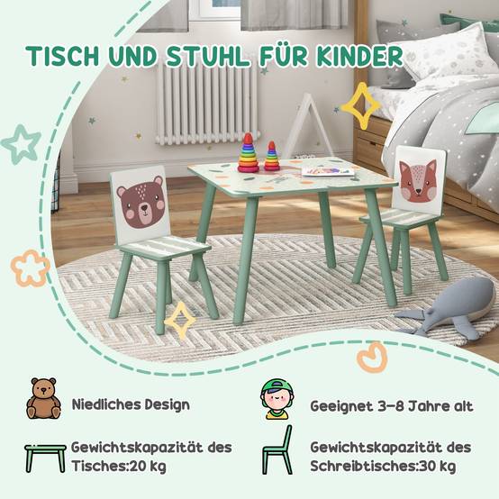 Groupe d'assise enfant 3-8 ans, 1 table et 2 chaises, mignon motif animal, vert - Image 9