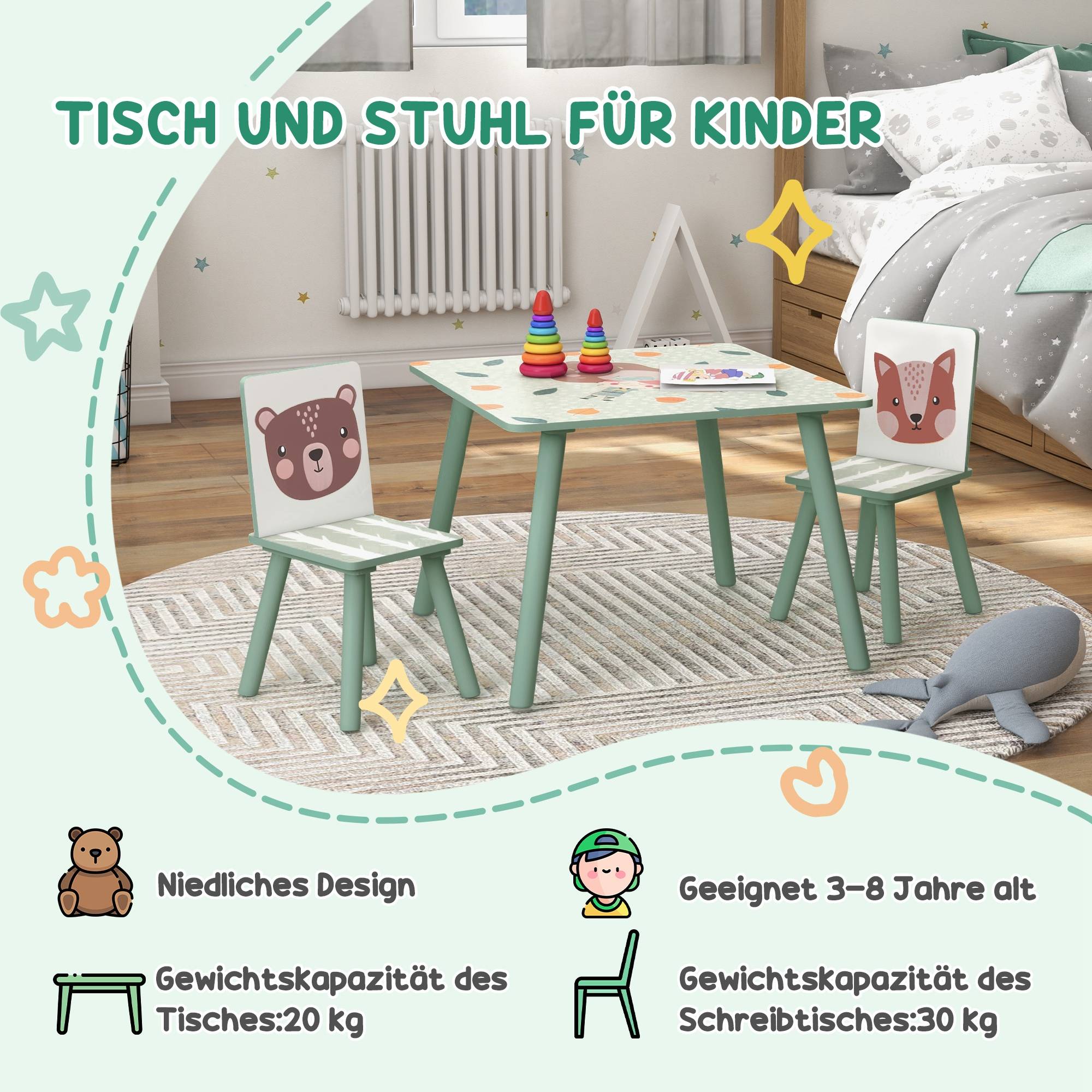 Groupe d'assise enfant 3-8 ans, 1 table et 2 chaises, mignon motif animal, vert - Image 9