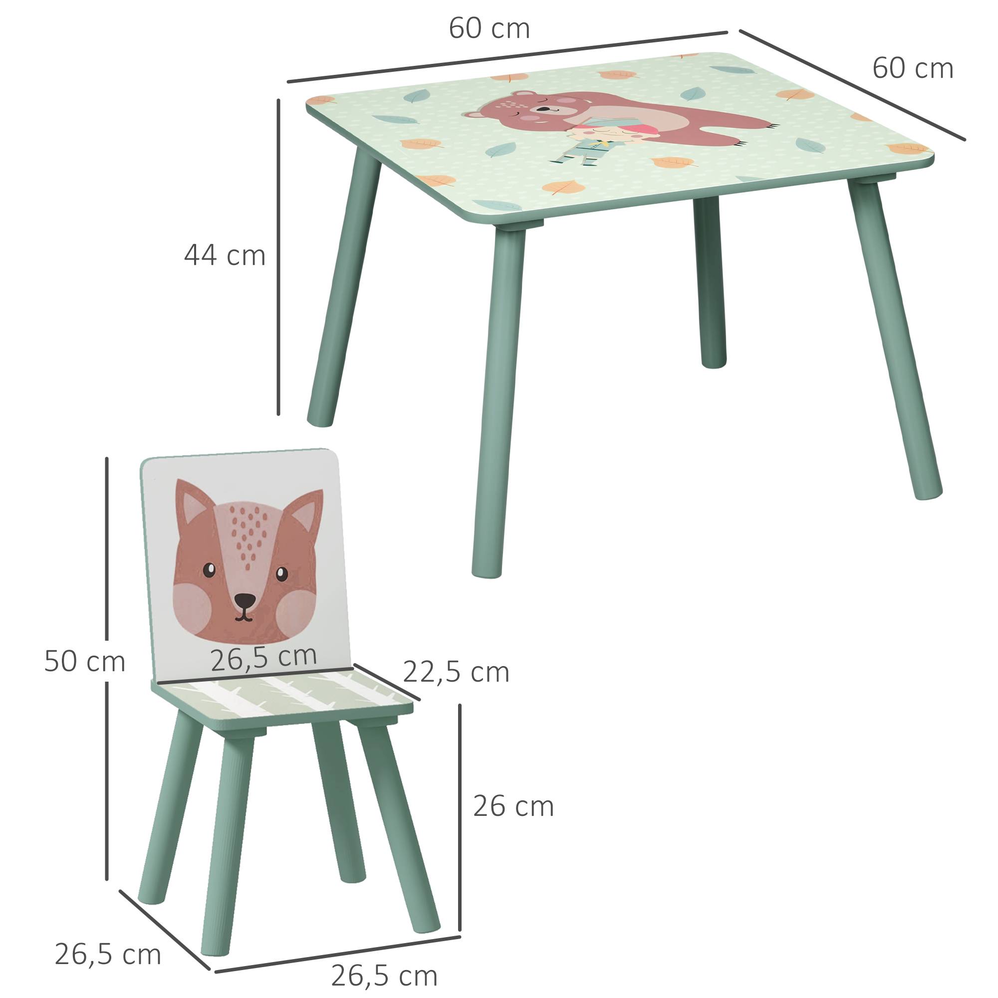 Groupe d'assise enfant 3-8 ans, 1 table et 2 chaises, mignon motif animal, vert - Image 5