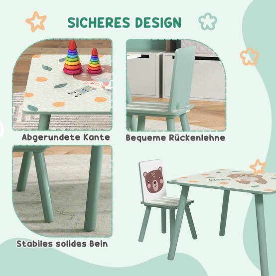 Groupe d'assise enfant 3-8 ans, 1 table et 2 chaises, mignon motif animal, vert - Image 7