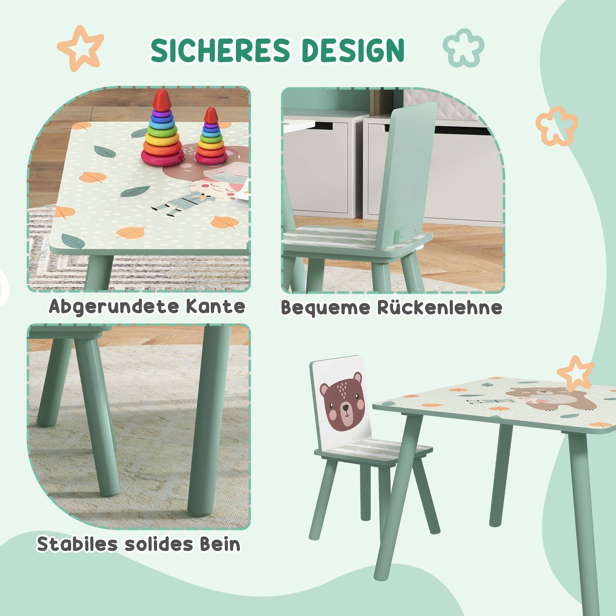 Groupe d'assise enfant 3-8 ans, 1 table et 2 chaises, mignon motif animal, vert - Image 7
